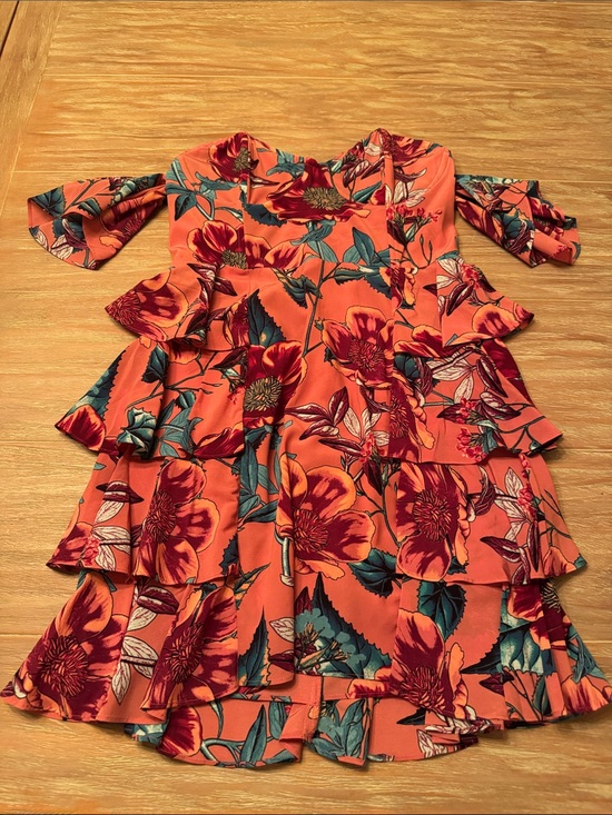 For Love And Lemons Other - For Love And Lemons Orange Floral Tiered Dress with Teal Leaves